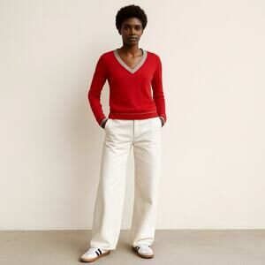 Brunello Cucinelli V-Neck Sporty Preppy Cashmere Sweater Red Gray Jumper Small